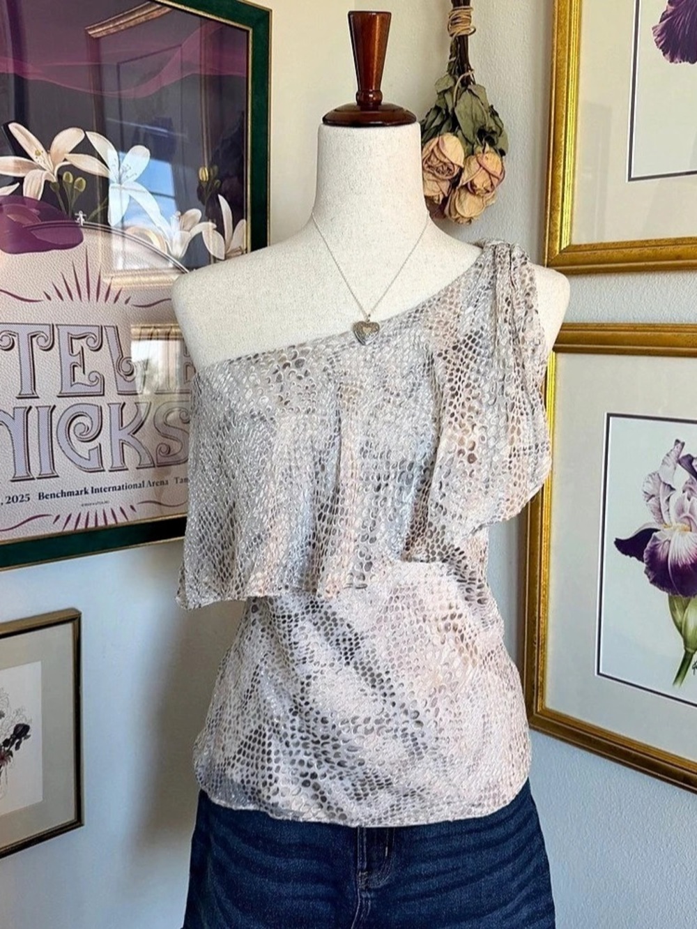 White House Black Market Animal Print One Shoulder Silk Blend Tank XS